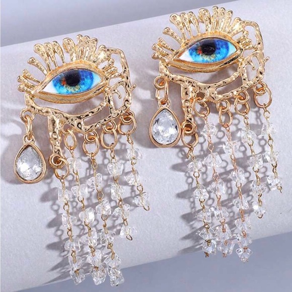 “Blue Eye Chandelier” Vivid Realism Cry Iris Tiered Crystal Tear Tassel Earrings - Picture 3 of 12